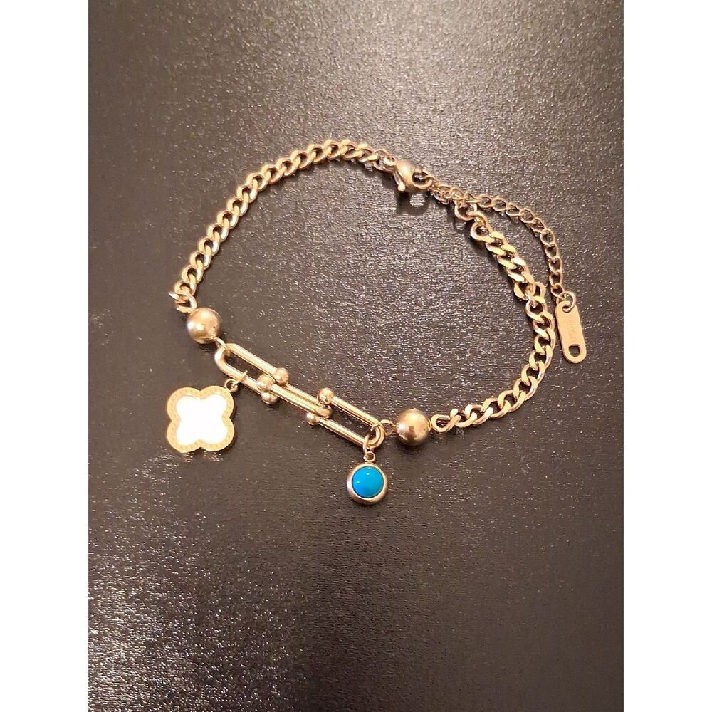 18k Gold Plated Marked Paperclip Chain With Clover And Blue Enamel Stone Bracele